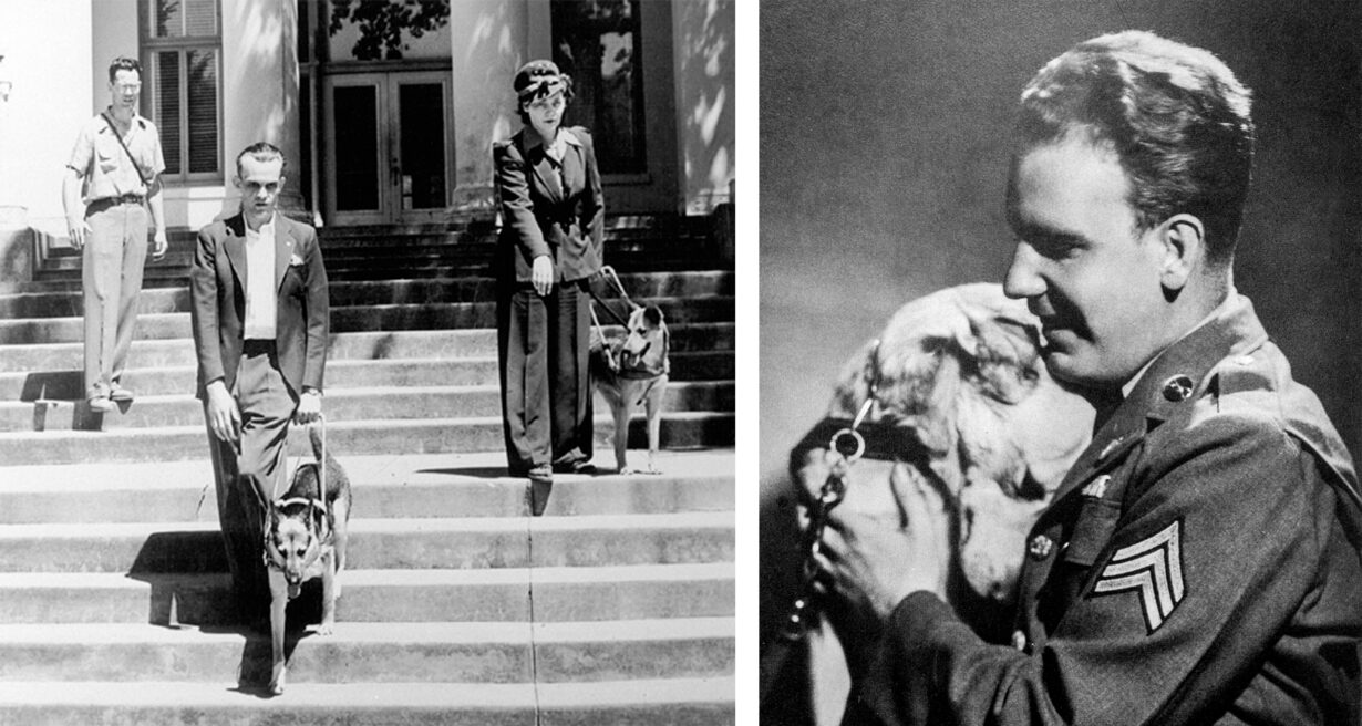 Two historical photos side by side. On the left is Guide Dogs for the Blind's Co-Founder Don Donaldson with the first class of two students. On the right is Sgt. Leonard Foulk and his guide dog Blondie, the first serviceman to graduate from Guide Dogs for the Blind.