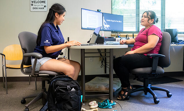 A blind woman sits at a laptop computer on a shared desk with a co-worker.