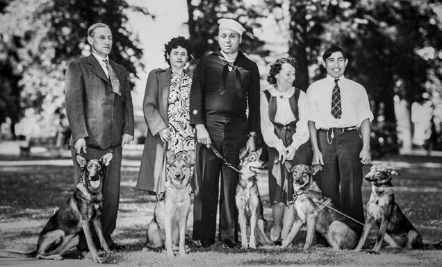 Five people and their guide dogs pose for a portrait, circa 1942.