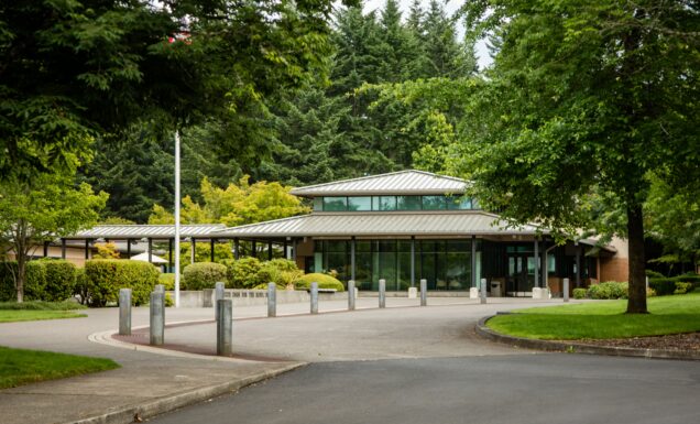 A view of the Visitor's Center at Guide Dogs for the Blind's Oregon cam[pus.