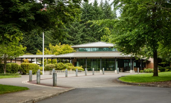 A view of the Visitor's Center at Guide Dogs for the Blind's Oregon cam[pus.