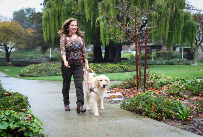 Yolanda Avila walks with guide dog Puma down a sidewalk.