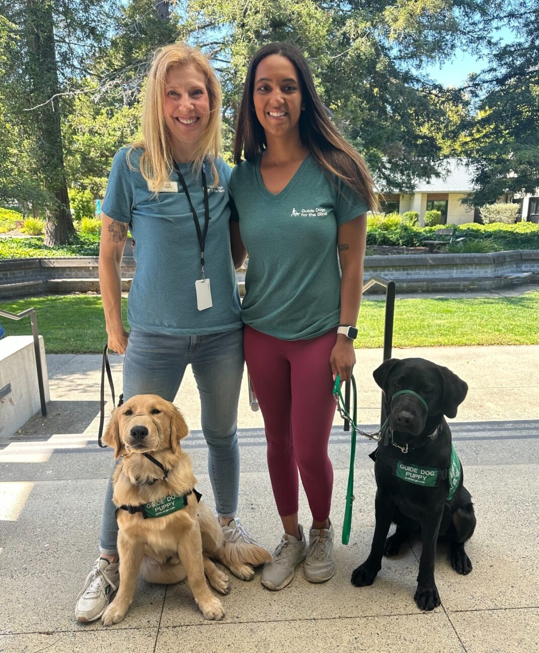 Two women smile in front of grass and treees with a yellow Lab Golden Retriever cross and a black Lab guide dog puppy in training vests.