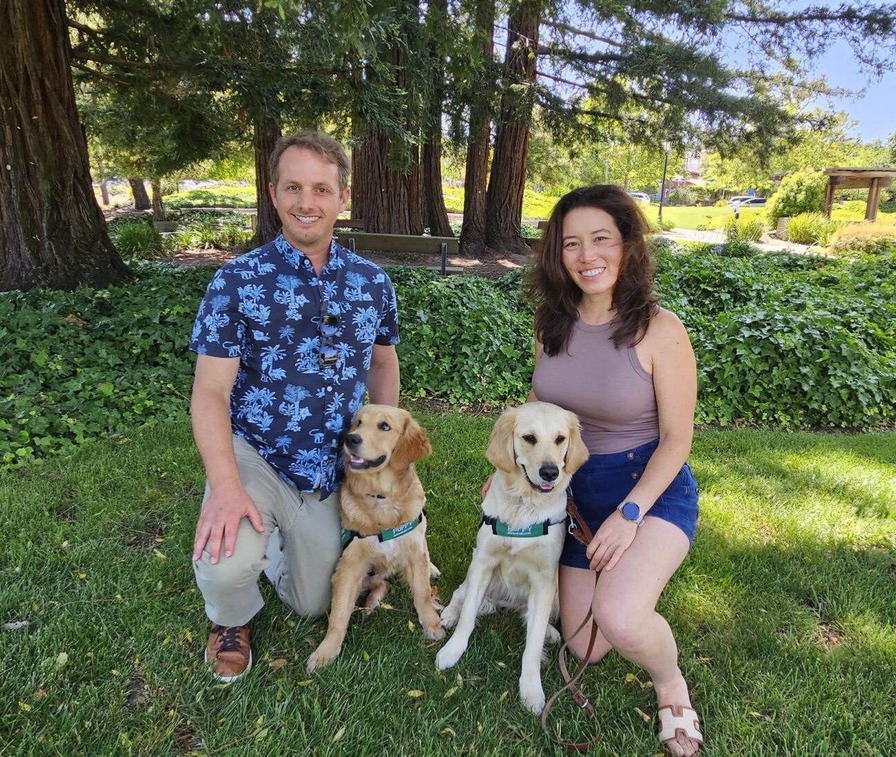 A man and a woman kneel on the grass with a Golden Retriever guide dog puppy and a yellow Lab guide dog puppy in green training vests.