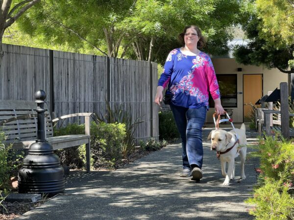 Carina confidently walks down a path with her yellow Lab guide dog