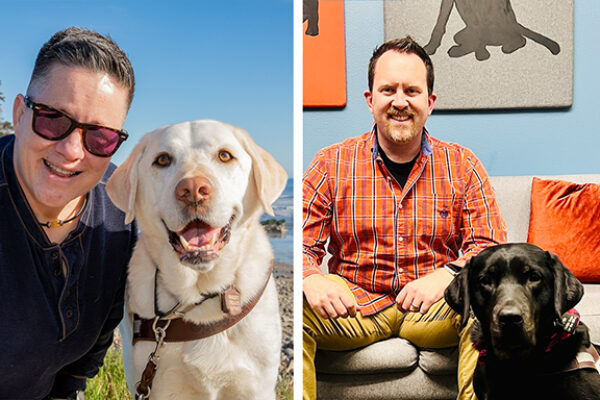 A composite photo of Cheri at the beach smiling with her yellow Lab guide dog and Derek smiling while sitting on a couch next to his black Lab guide dog.