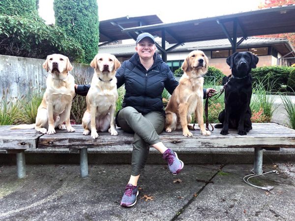 Ky sits on a bench with four Labrador retrievers