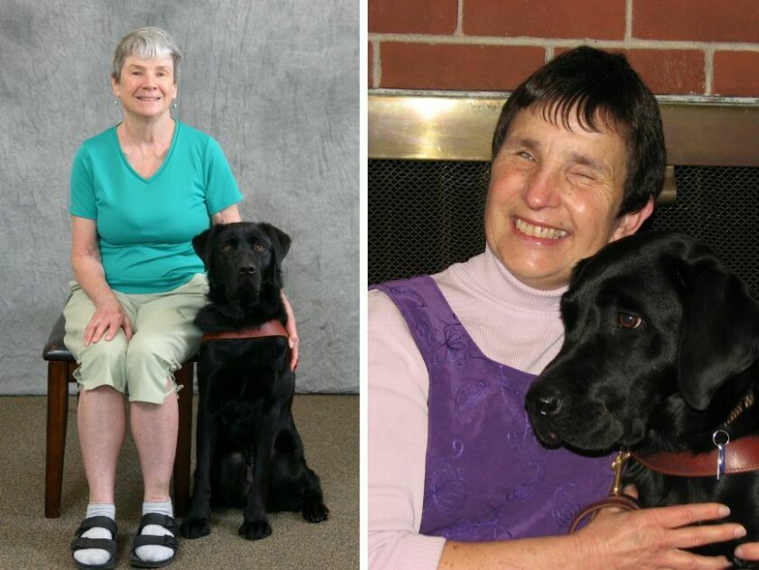 A composite photo of two women and their black Lab guide dogs.