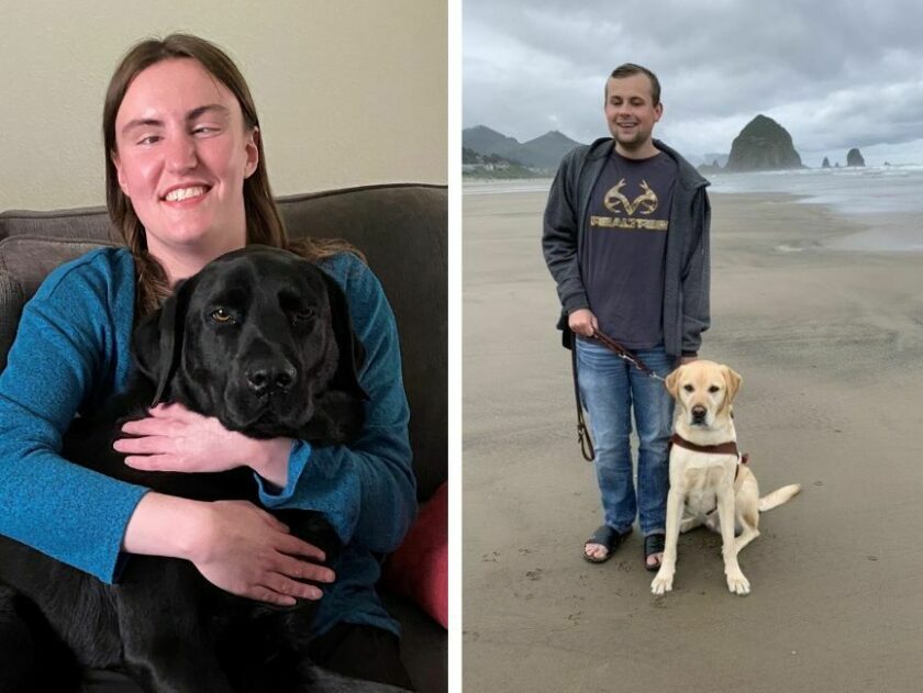 A photo composite of two GDB clients with their guide dogs. One client wraps her arms around her black Lab and the other client stands on a beach with his yellow Lab.