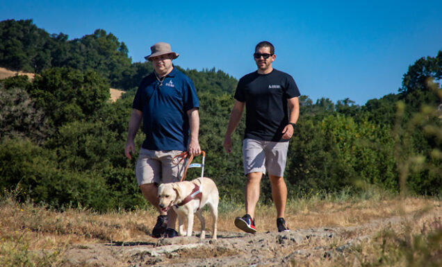 An instructor follows a man and his yellow Lab guide dog on a nature trail.