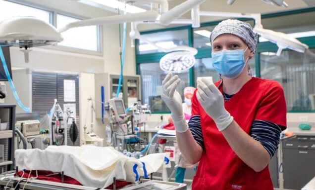 A veterinarian scrubs up for surgery in our state of the art facility.