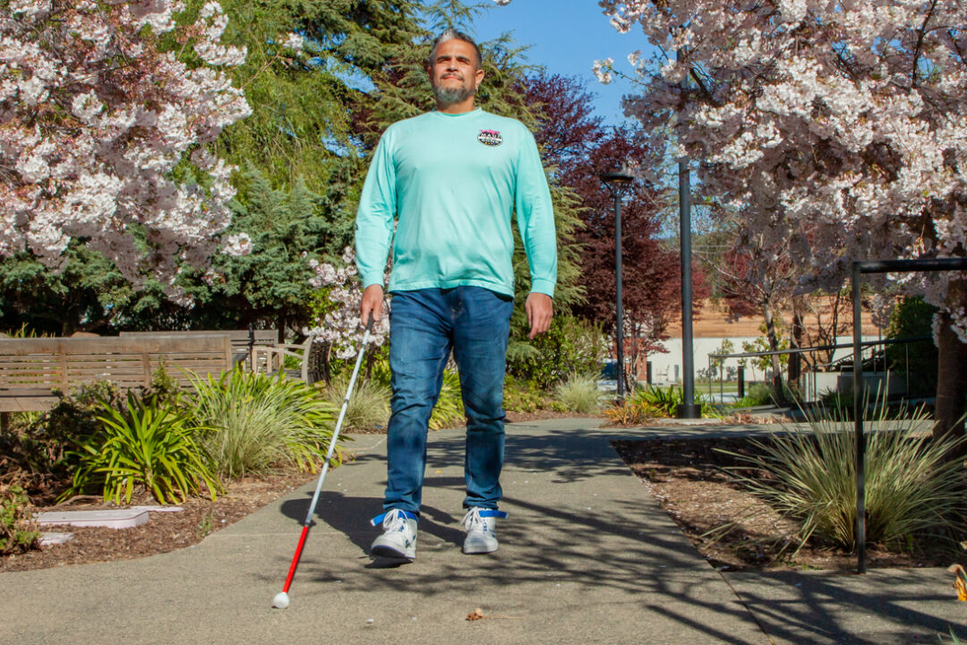 A man walks down a sidewalk full of blooming trees using a white cane.