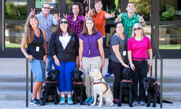A group of people and guide dogs with a silly pose for the camera.