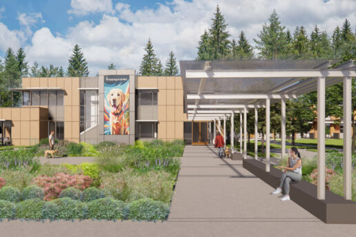An architectural rendering of the entrance of a building that is set amid landscaped green spaces and shows people and dogs on walkways and seating areas.