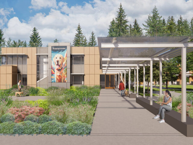 An architectural rendering of the entrance of a building that is set amid landscaped green spaces and shows people and dogs on walkways and seating areas.