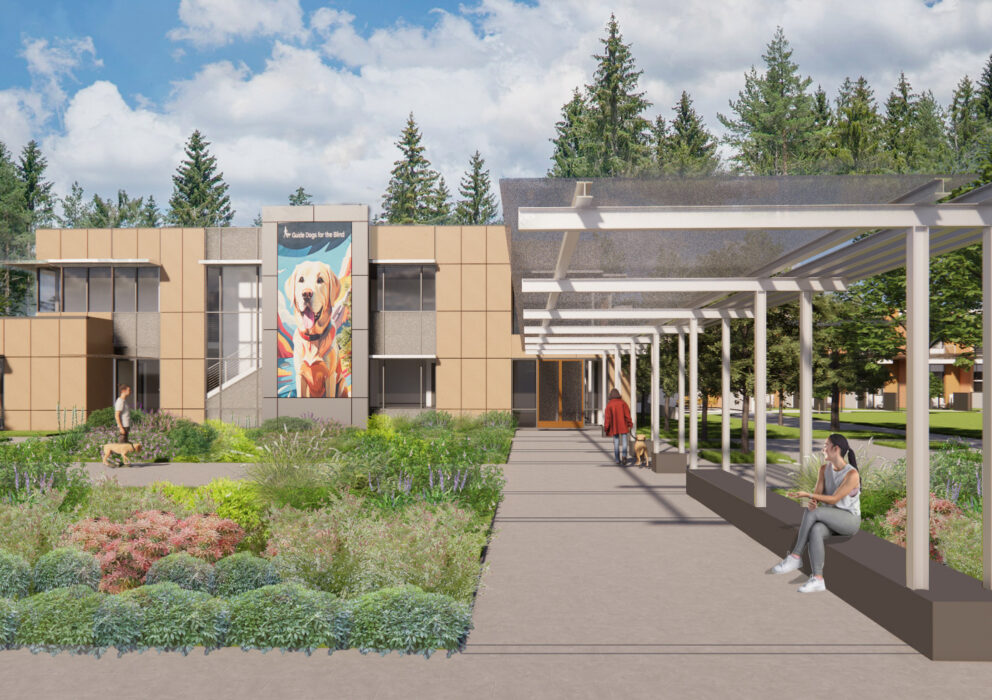 An architectural rendering of the entrance of a building that is set amid landscaped green spaces and shows people and dogs on walkways and seating areas.