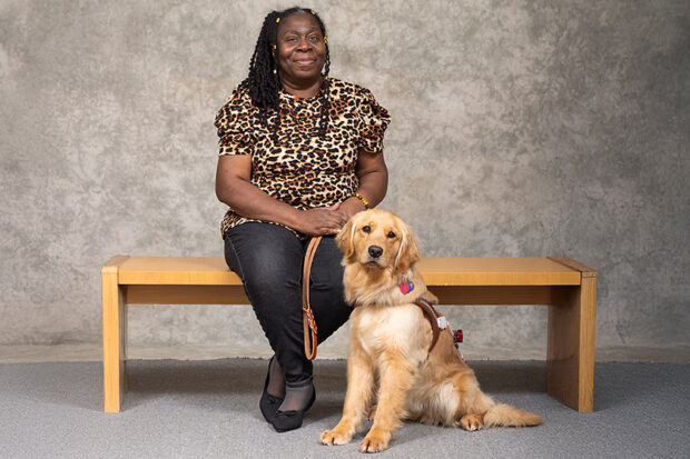 A Guide Dogs for the Blind client poses with Golden Retriever guide dog in a harness.