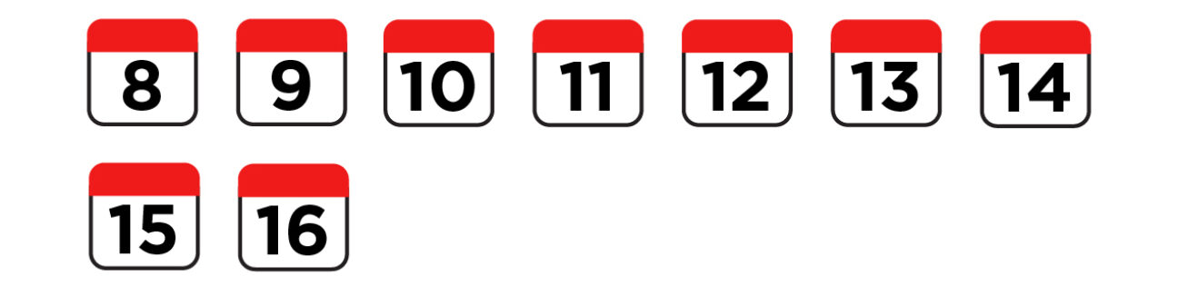 Graphic of a calendar grid with dates ranging from the 8th of the month to the 16th of the month.