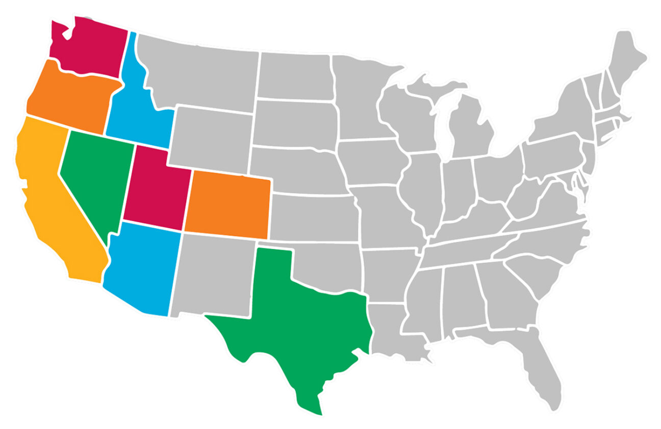 A map of the United States with nine Western states highlighted in different colors: Arizona, California, Colorado, Idaho, Nevada, Oregon, Texas, Utah, and Washington.