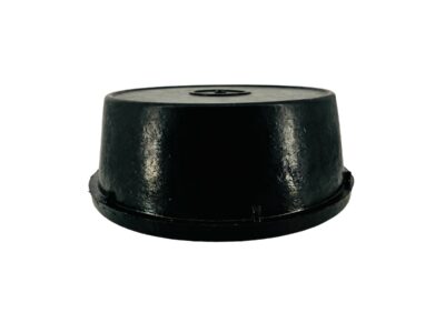A durable round rubber 4- quart animal feeder pan turned upside down.