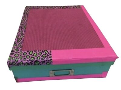 A teal rectangular storage container with a piece of pink yoga mat duct taped to the lid.