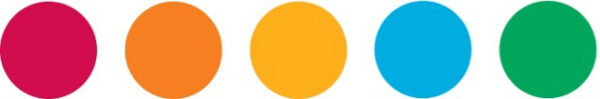 Circle swatches of the five GDB brand colors: raspberry, orange, yellow, blue, and green.
