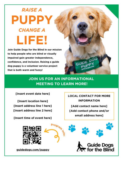 A puppy raising informational meeting flyer that features a Golden Retriever guide dog puppy in training, a QR code, and customizeable text for a local person's contact info.