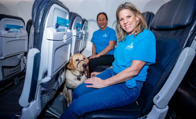 Two guide dog puppy raisers and a guide dog puppy aboard a commercial airplane.