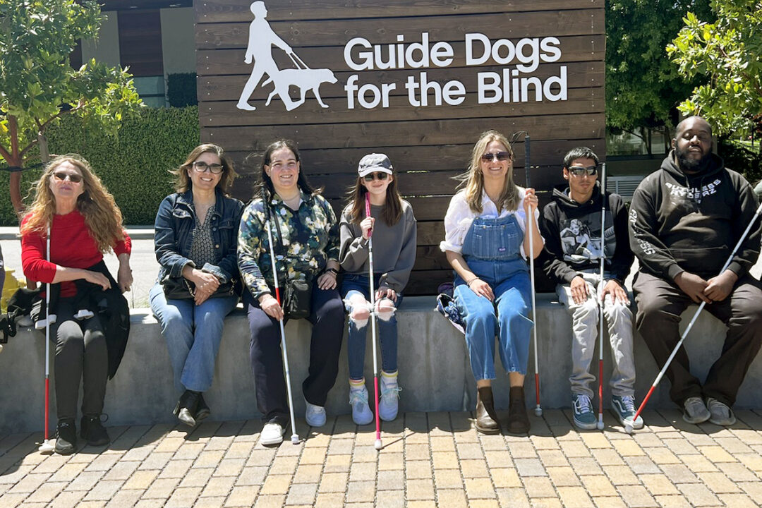 A group of students with white canes and their teachers seated in front of a Guide Dogs for the Blind logo sign.