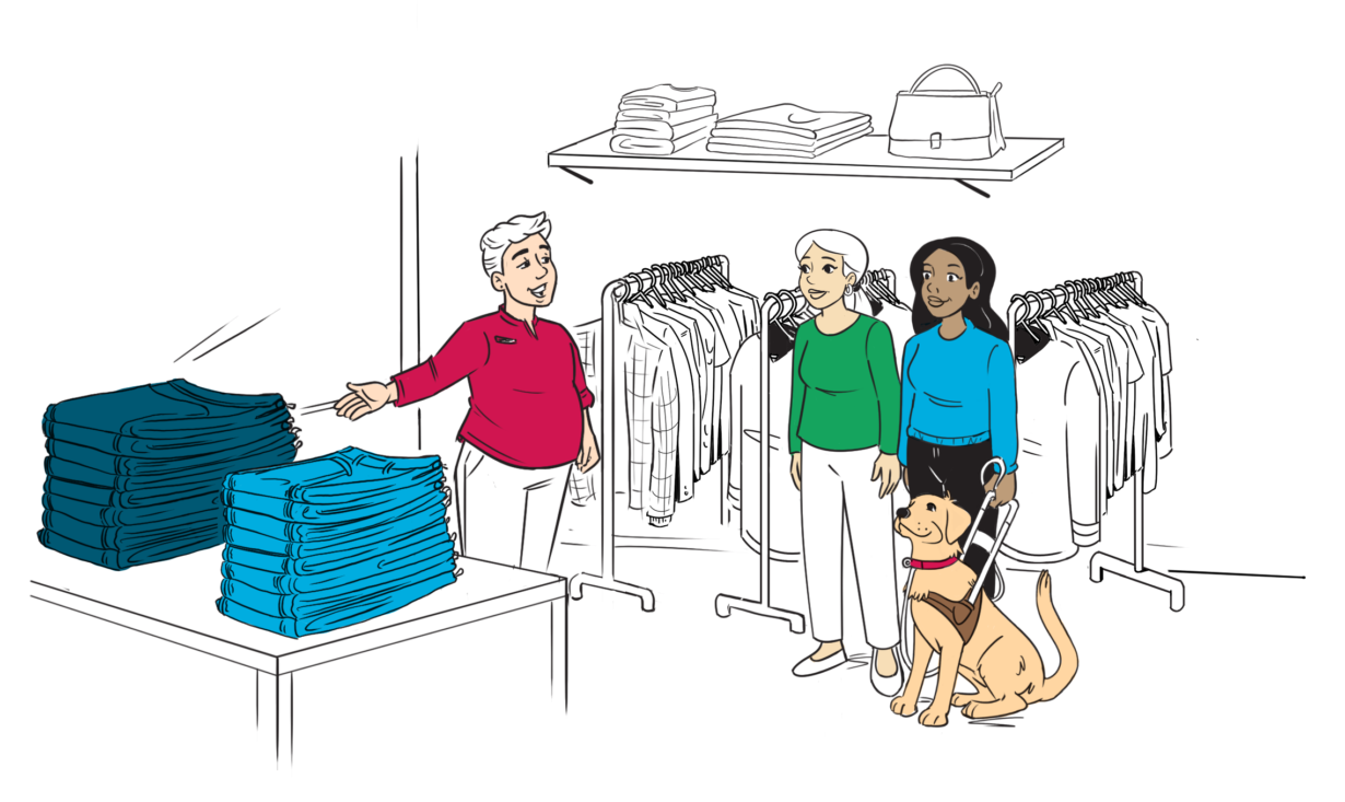 Illustration of three people in a boutique shop; one person has a guide dog.