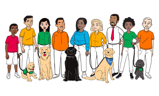 An illustration of a group of people, and five GDB program dogs (guide dog puppies, breeder dog, guide dog, K9 Buddy).