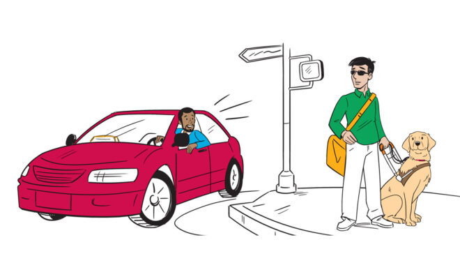 Illustration of a person with a guide dog waiting to get in a ride share vehicle.