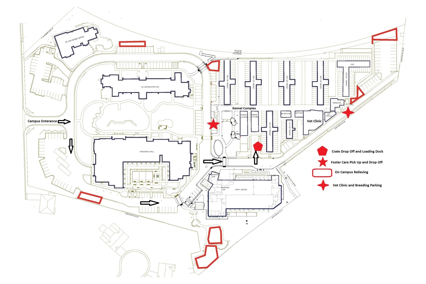 Map of the California campus of GDB with indicators for where to pick up and drop off Foster Care dogs, Crate Drop offs and Vet Clinic Parking and Drop Off