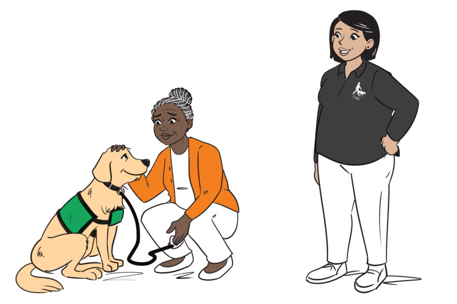 A woman kneels next to a grown guide, dog puppy, and a Guide Dogs for the Blind staff member stands nearby.