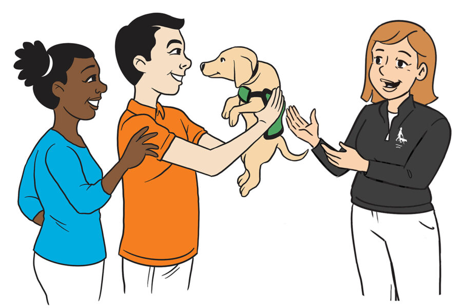 Illustration of two people being handed a young guide dog puppy from a Guide Dogs for the Blind staff member.