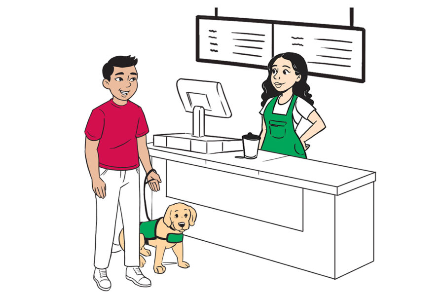 Illustration of a volunteer puppy raiser and guide dog puppy interacting with a person at the cash register of a retail store check out stand.