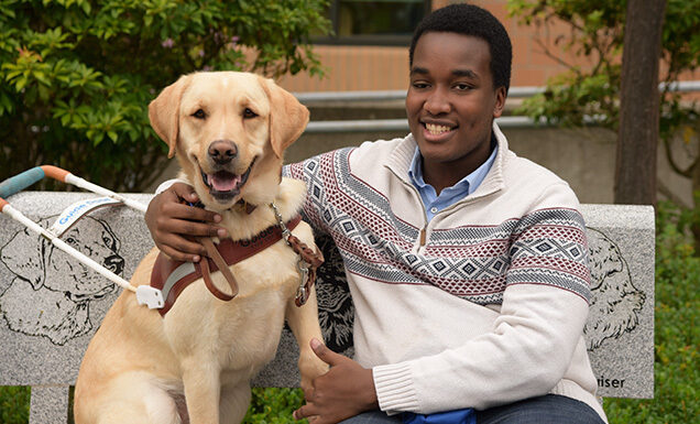 A Black man sits on a bench next to a yellow Lab guide dog.