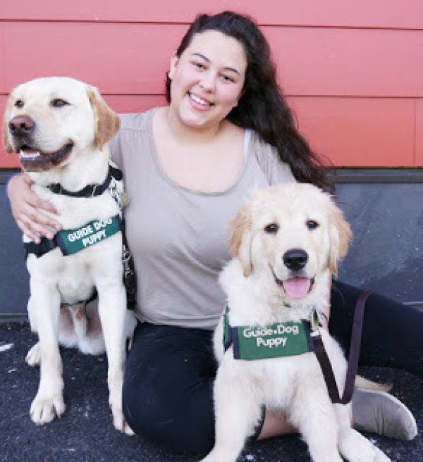 Delphine with both a yellow Lab guide dog puppy and a Golden Retriever guide dog puppy.